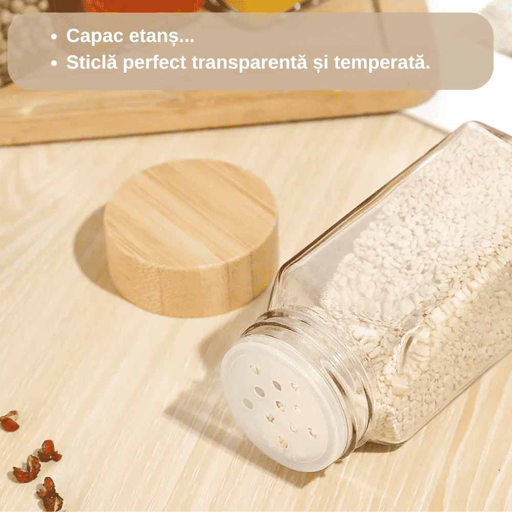 Set 12 sticlute condimente Koken,recipiente condimente 120 ml, capac etanș din bambus, Transparent