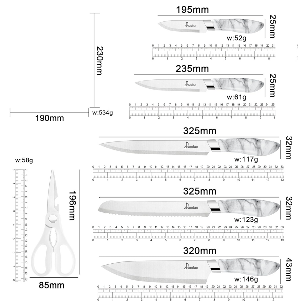 Set de Cuțite pentru Bucătărie Koken, 6 Piese din Oțel Inoxidabil cu Suport Acrilic Transparent, Cuțite Ultra-Ascuțite cu Design Marmorat și Mânere Ergonomice, Alb