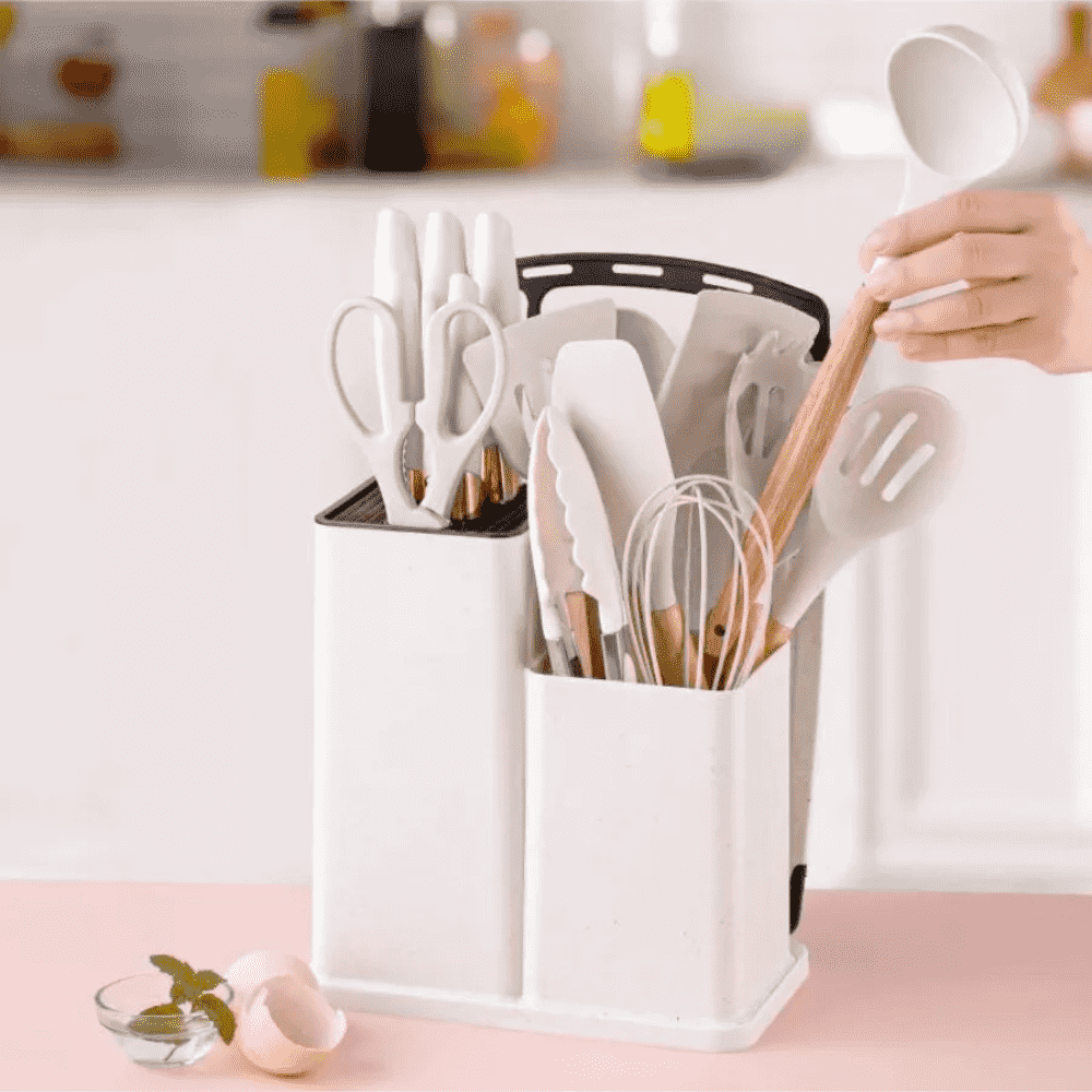 Set 19 Ustensile bucatarie Koken,  Lemn si Silicon alimentar, Suport/Tocator/Cutite, Termorezistente, Antiaderente+ Suport Lingura