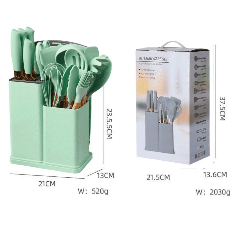 Set 19 Ustensile bucatarie Koken,  Lemn si Silicon alimentar, Suport/Tocator/Cutite, Termorezistente, Antiaderente+ Suport Lingura
