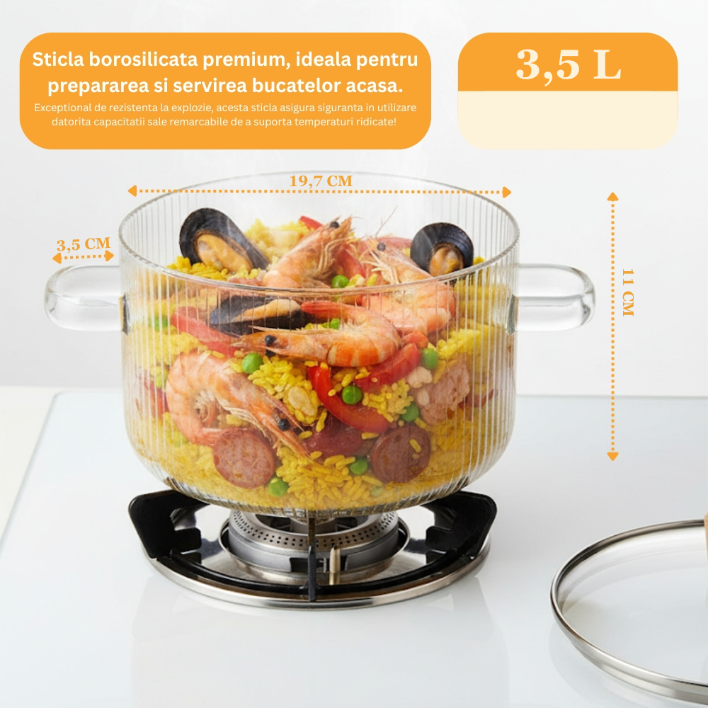 Oala din sticla borosilicata 3,5 L pentru aragaz, cu capac si manere Koken, Rezistenta termica 130 °C, Cratita Durabila, Sticla Transparenta/Lemn