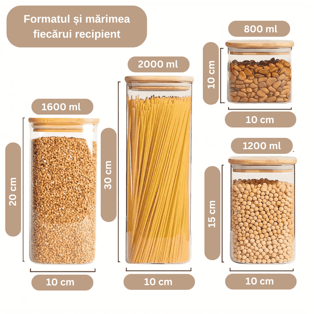 Set of 8/6/5 Square Borosilicate Glass Containers with Airtight Bamboo Lids Koken, for Dry Food and Grain Storage,