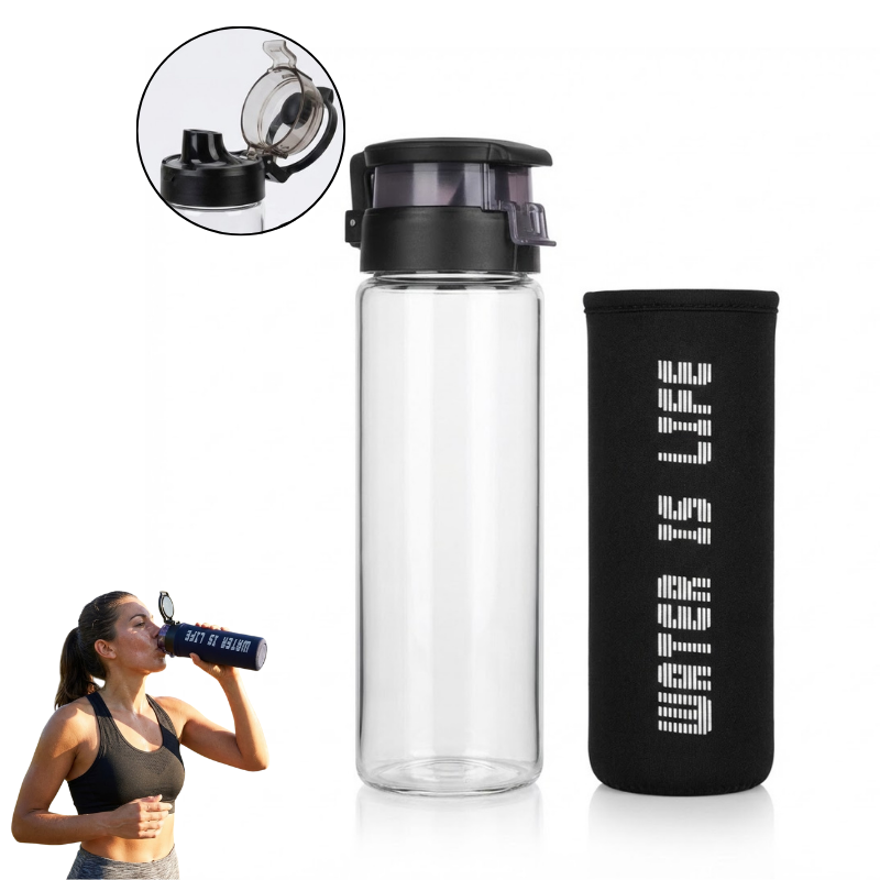 Sticla de apa, pentru sport Koken 550ml, sticla borosilicata cu capac plastic alimentar fara BPA, husa, 23,5 x 6,5 cm, pentru apă/suc/ceai, Transparent/Negru