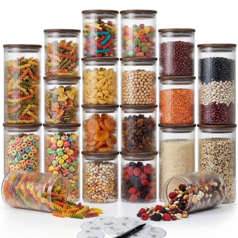 Set Recipiente din sticlă borosilicată cu capac din bambus etanș Koken, Borcane cu capac din bambus ermetic, pentru depozitarea alimentelor uscate și cerealelor
