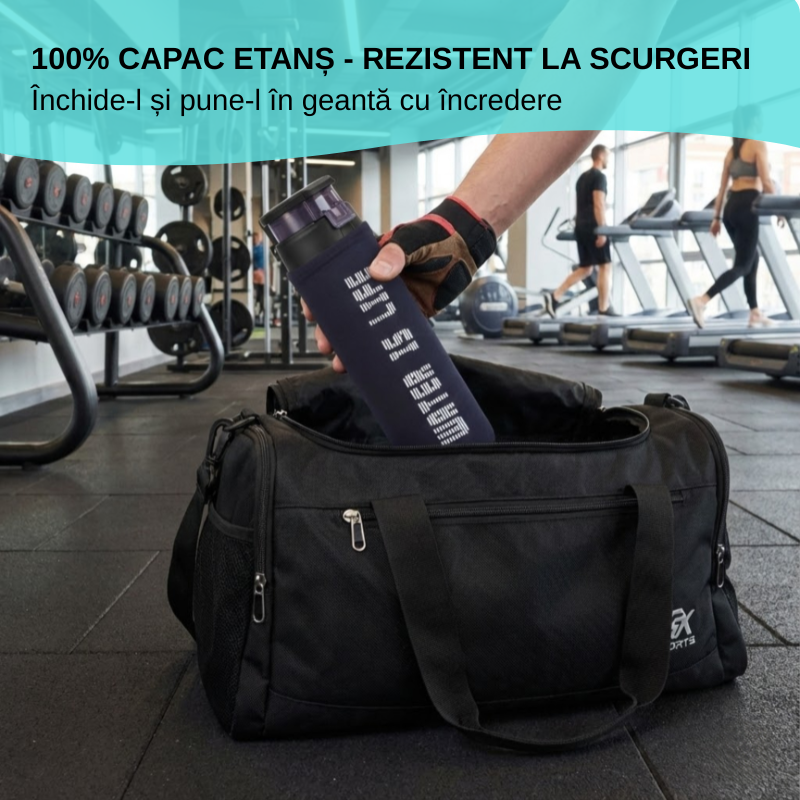 Sticla de apa, pentru sport Koken 550ml, sticla borosilicata cu capac plastic alimentar fara BPA, husa, 23,5 x 6,5 cm, pentru apă/suc/ceai, Transparent/Negru