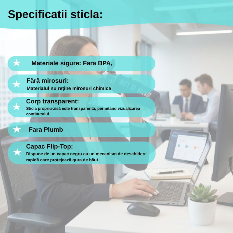 Sticla de apa, pentru sport Koken 550ml, sticla borosilicata cu capac plastic alimentar fara BPA, husa, 23,5 x 6,5 cm, pentru apă/suc/ceai, Transparent/Negru