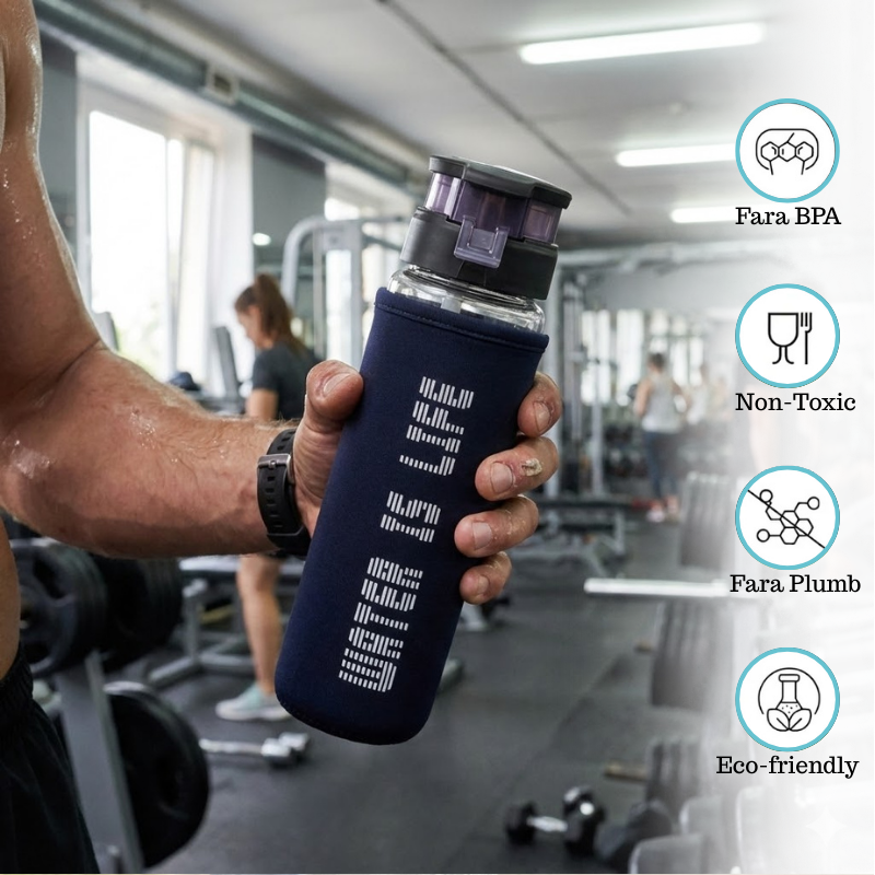 Sticla de apa, pentru sport Koken 550ml, sticla borosilicata cu capac plastic alimentar fara BPA, husa, 23,5 x 6,5 cm, pentru apă/suc/ceai, Transparent/Negru