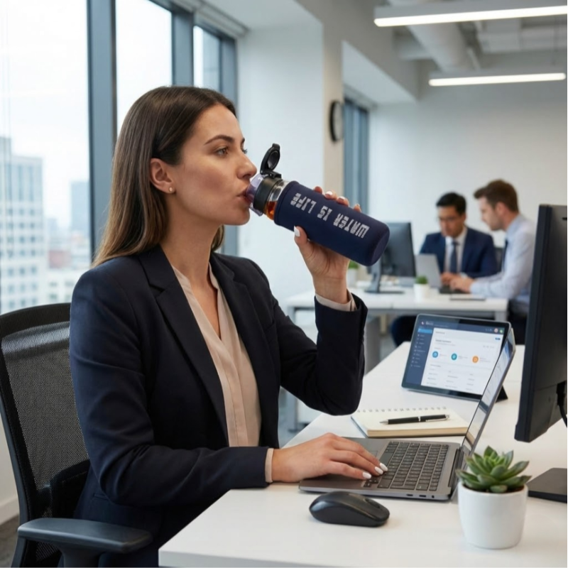 Sticla de apa, pentru sport Koken 550ml, sticla borosilicata cu capac plastic alimentar fara BPA, husa, 23,5 x 6,5 cm, pentru apă/suc/ceai, Transparent/Negru