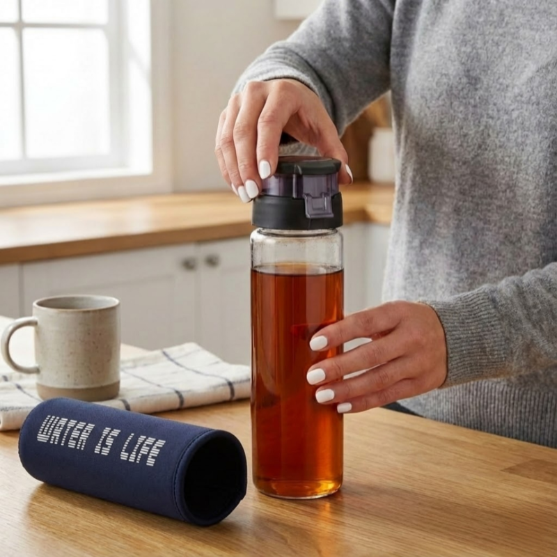 Sticla de apa, pentru sport Koken 550ml, sticla borosilicata cu capac plastic alimentar fara BPA, husa, 23,5 x 6,5 cm, pentru apă/suc/ceai, Transparent/Negru