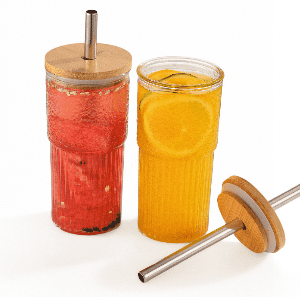 Set de 2 pahare cu pai si capac bambus