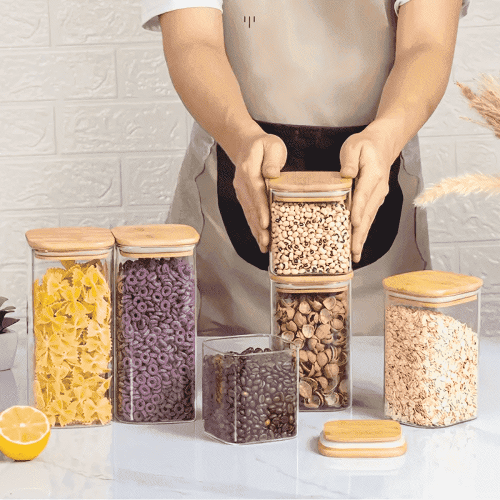 Set of 14 Square Borosilicate Glass Containers with Airtight Bamboo Lids Koken, for Dry Food and Grain Storage