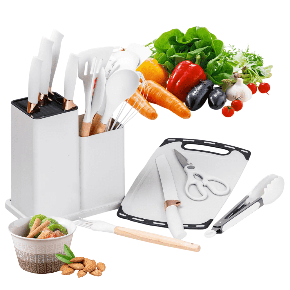Set 19 Ustensile bucatarie Koken,  Lemn si Silicon alimentar, Suport/Tocator/Cutite, Termorezistente, Antiaderente+ Suport Lingura