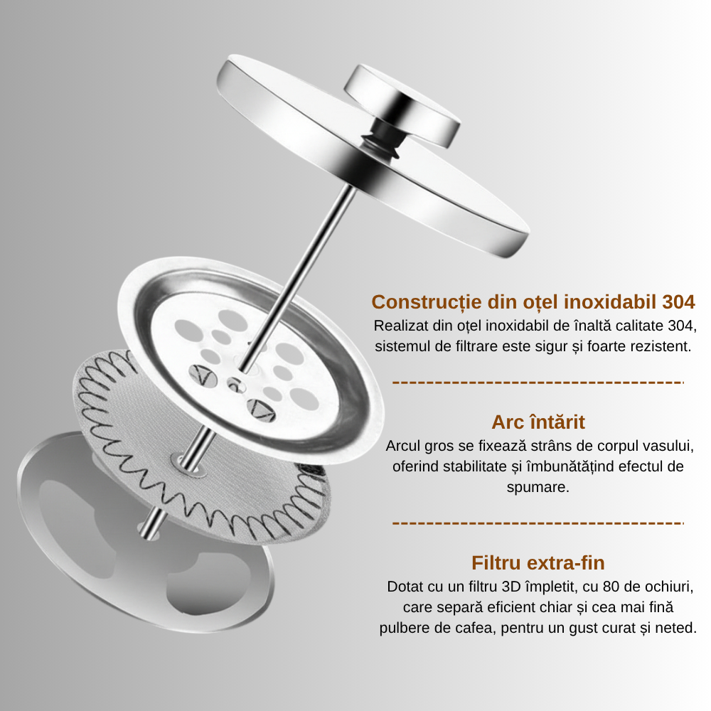 Cafetiera Cu Piston Pentru Cafea Si Ceai Koken, Presa franceza cu infuzor 1000 ML, sticlă borosilicată termorezistentă și oțel inoxidabil 304, -20 ℃ +130 ℃, Infuzor pentru ceai cu 3 Filtre, Fara BPA