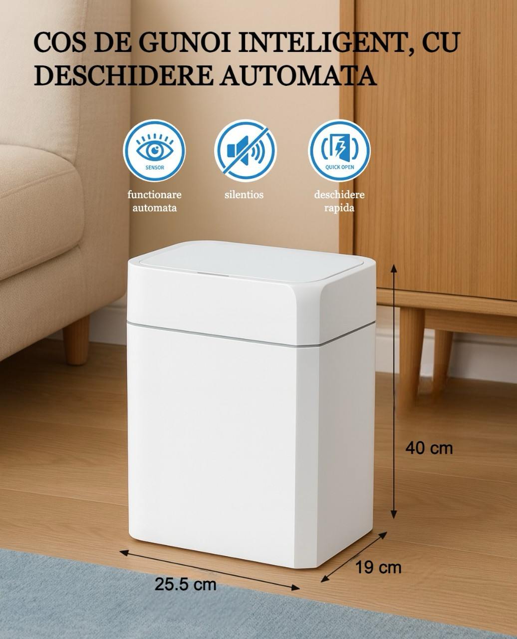 Cos de gunoi cu senzor de miscare infrarosu Koken, 18 L, Cos gunoi bucatarie, capac automat anti-miros, silentios, Rezistent la apa IPX5, Design elegant, 25.5x19x40 cm, Alb
