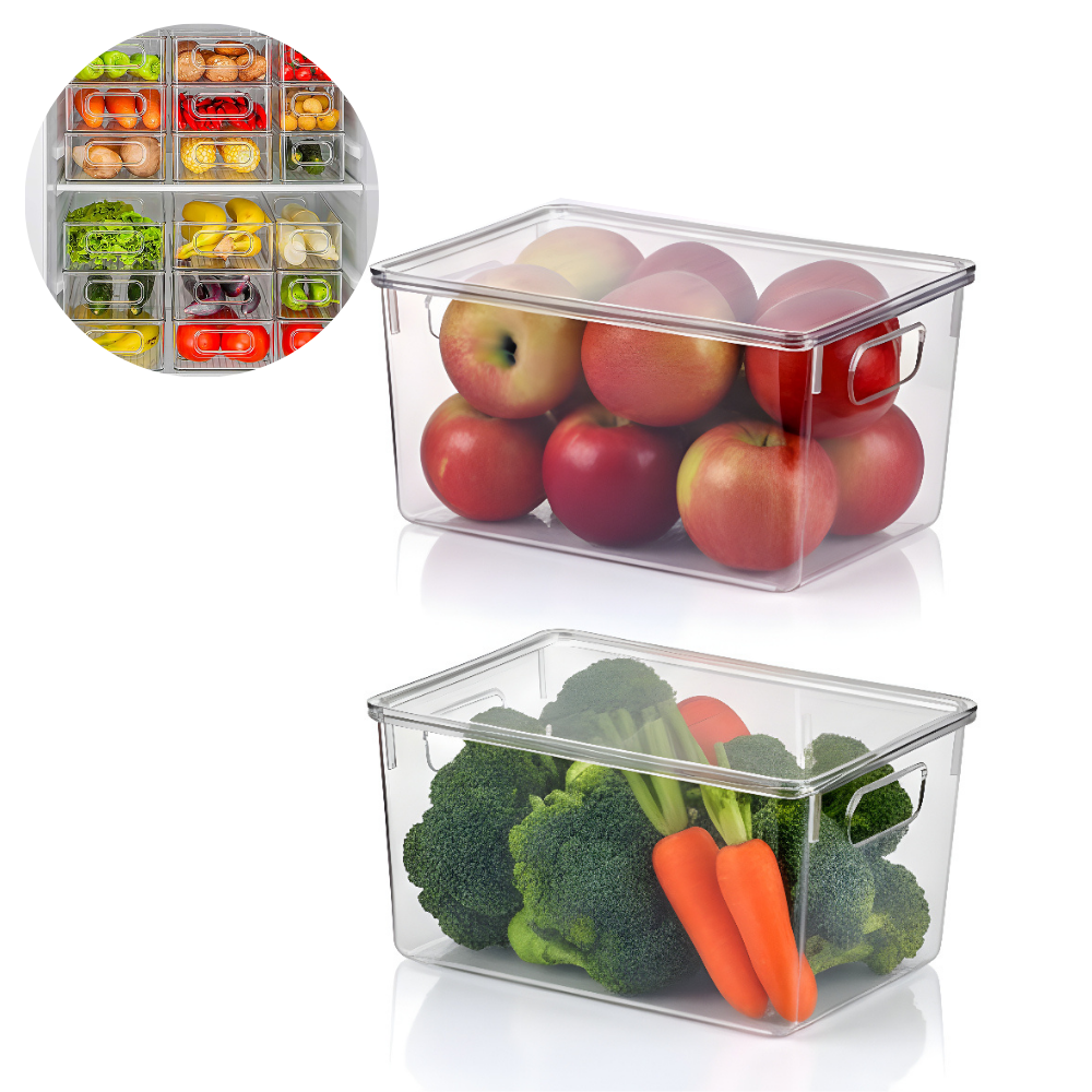 Set Cutii de depozitare cu capac Koken, pentru frigider, birou, bucatarie, pot fi si suprapuse, transparente si usor de curatat, 29 x 20,5 x 15 cm