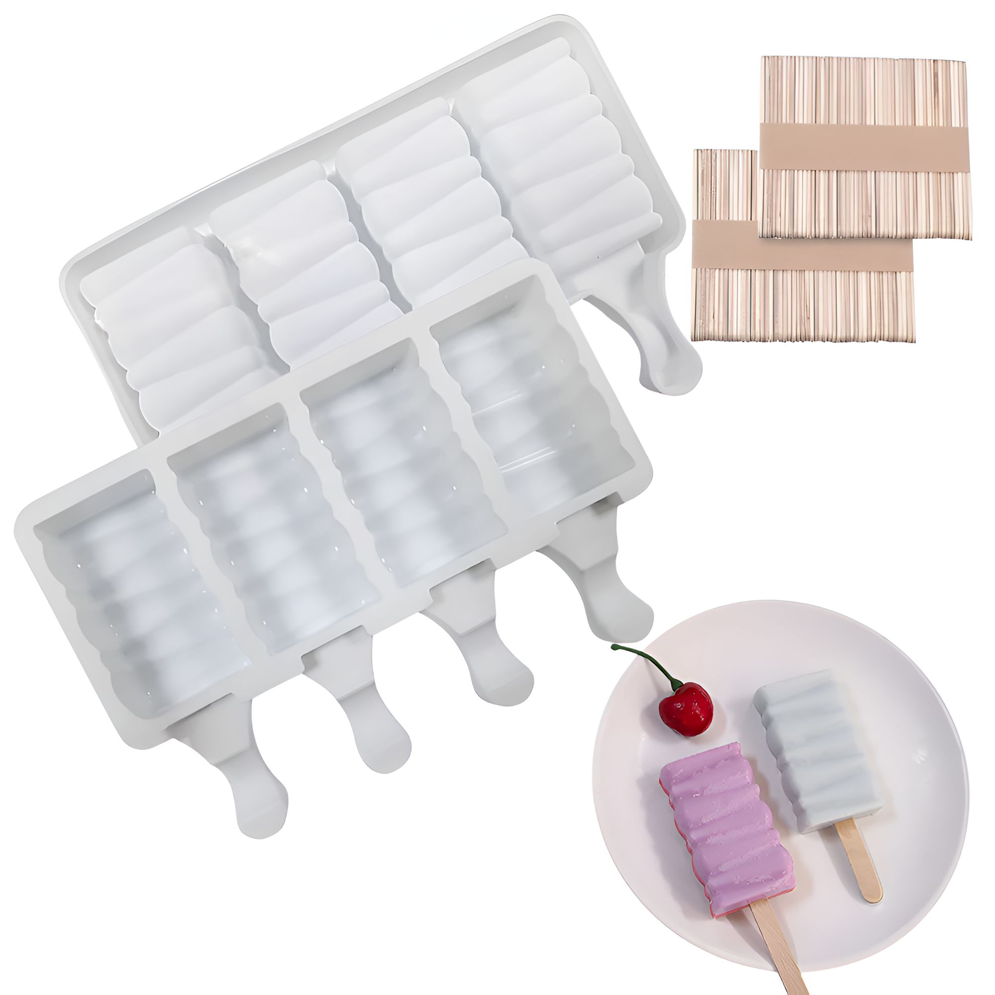 Koken Silicone Popsicle Mold Set, 4 compartments, 50 sticks included, 13 x 19 cm, White