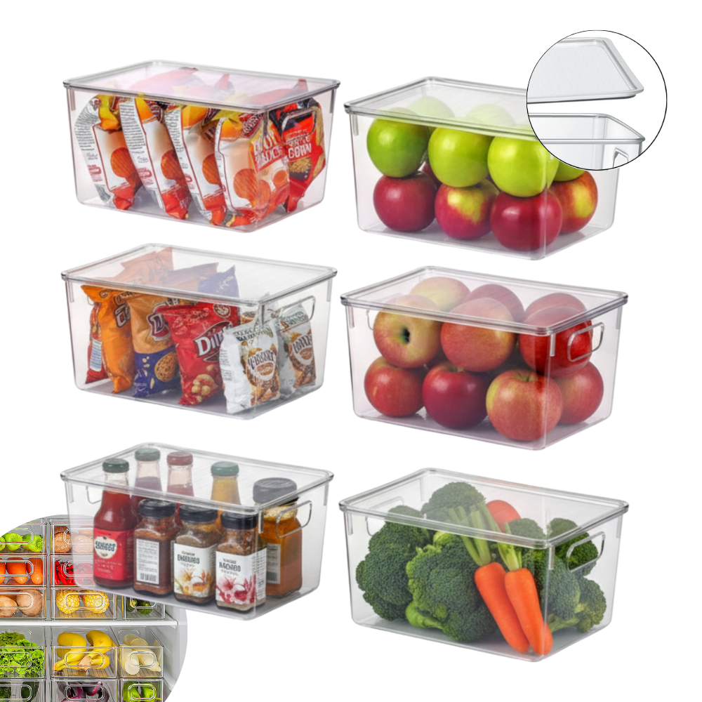 Set Cutii de depozitare cu capac Koken, pentru frigider, birou, bucatarie, pot fi si suprapuse, transparente si usor de curatat, 29 x 20,5 x 15 cm
