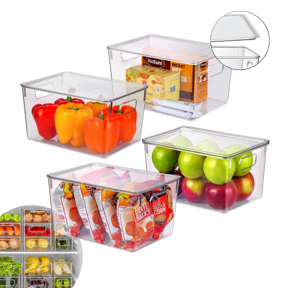 Set Cutii de depozitare cu capac Koken, pentru frigider, birou, bucatarie, pot fi si suprapuse, transparente si usor de curatat, 29 x 20,5 x 15 cm