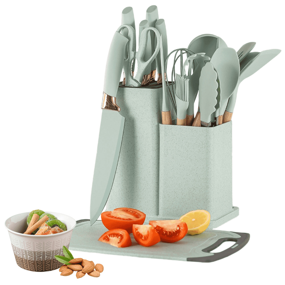 Set 19 Ustensile bucatarie Koken,  Lemn si Silicon alimentar, Suport/Tocator/Cutite, Termorezistente, Antiaderente+ Suport Lingura