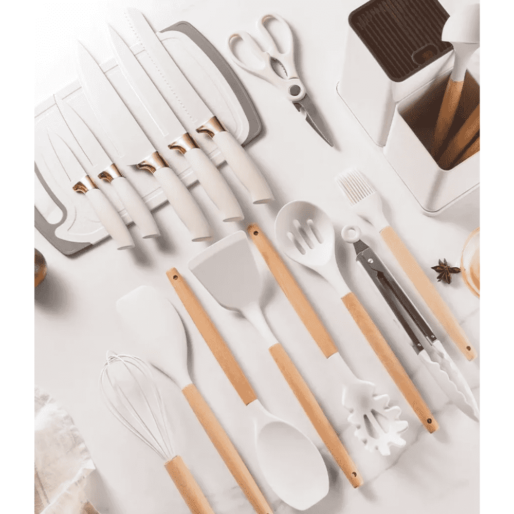 Set 19 Ustensile bucatarie Koken,  Lemn si Silicon alimentar, Suport/Tocator/Cutite, Termorezistente, Antiaderente+ Suport Lingura