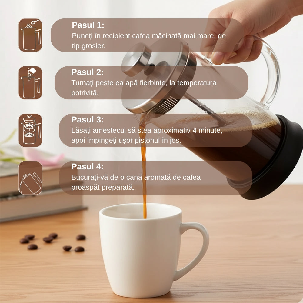 Cafetiera Cu Piston Pentru Cafea Si Ceai Koken, Presa franceza cu infuzor 1000 ML, sticlă borosilicată termorezistentă și oțel inoxidabil 304, -20 ℃ +130 ℃, Infuzor pentru ceai cu 3 Filtre, Fara BPA