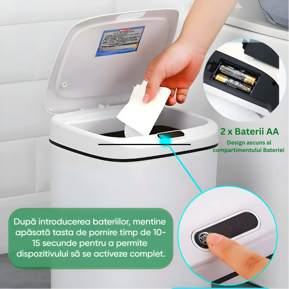 Cos de gunoi automat cu sensor 16 L Koken, Bucatarie, baie sau oficiu, 2x Baterii AA(nu sunt incluse), cu capac anti-miros, Alb