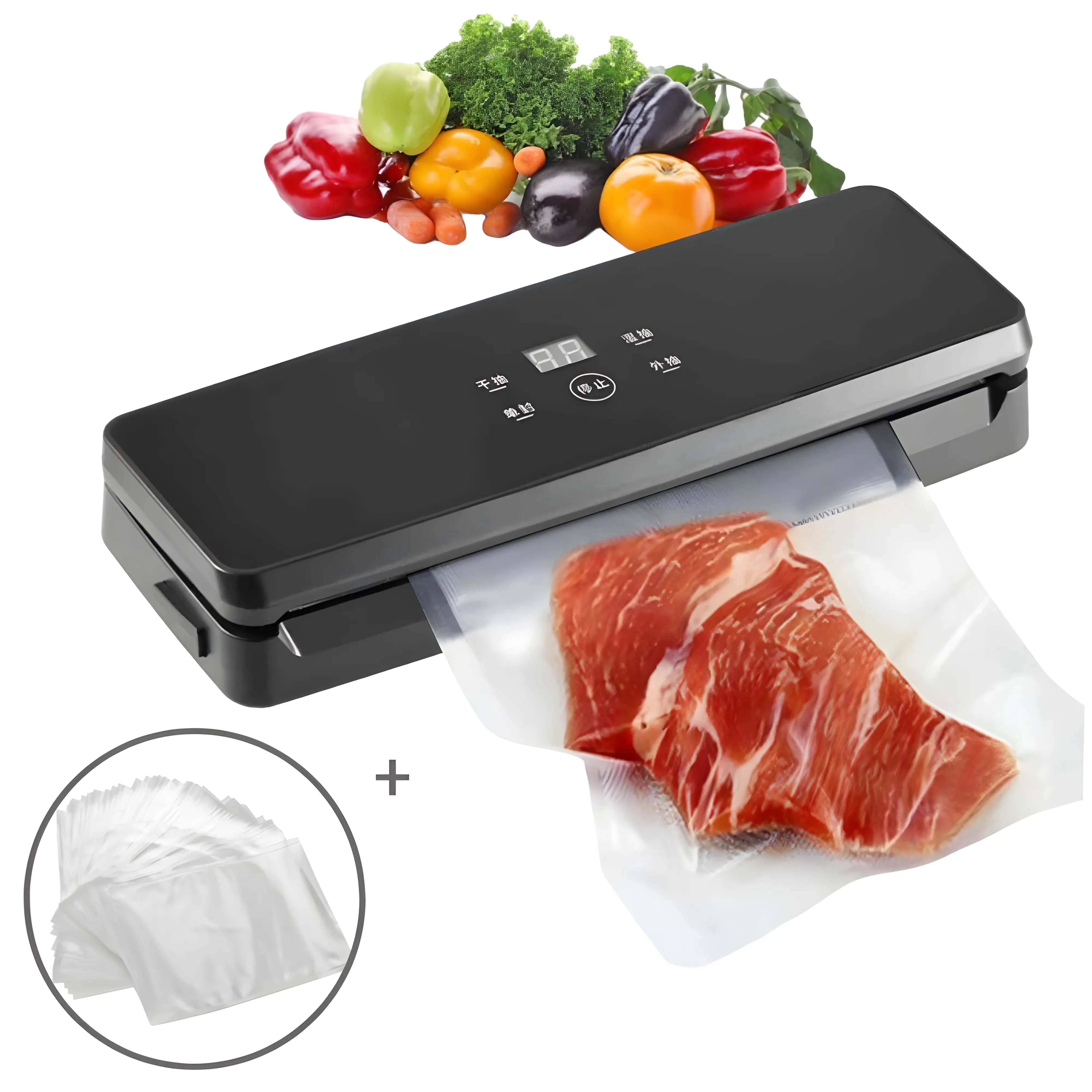 Imagine cu un aparat de vidat negru de la Koken, alături de câteva pungi gofrate incluse în set.