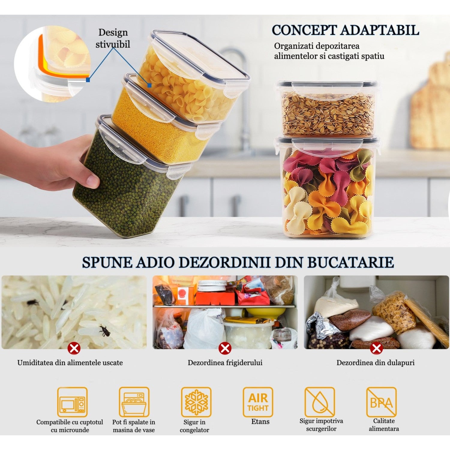 Set 8/7/6 recipiente depozitare Koken, sigure pentru cuptorul cu microunde/masina de spalat vase/congelator,  Caserole etanșe depozitare alimente, plastic fara BPA, Transparent/Negru