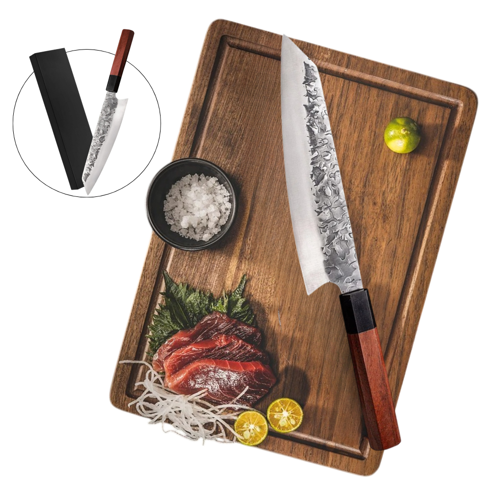 Cutit Japonez Profesional, Lama ultra ascutita si anti-lipire 20 cm, pentru Sushi, Feliere si Taiere Precisa, Cutit  japonez bucatarie din Otel inoxidabil/ Lemn