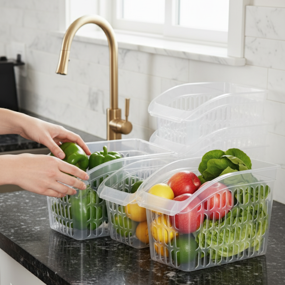 Organizator Frigider Koken, plastic PP, BPA free, cutie pentru cămară, baie, frigider, Multifunctional, 1 Compartiment principal, Potrivit Mașina de Spălat Vase, Transparent, 2 dimensiuni disponibile