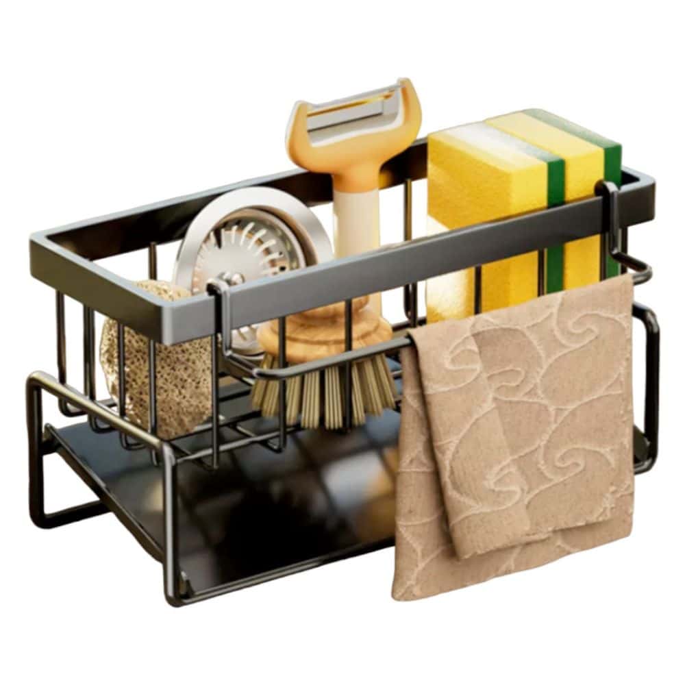 Organizator chiuveta Koken, Suport multifunctional din otel inoxidabil, tava de scurgere, pentru bureti, lavete, detergenti, 23 x 10 x 9 cm, Negru