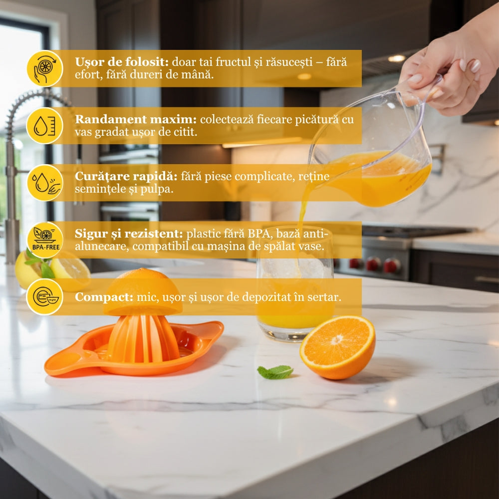 Storcator manual de citrice Koken, Plastic PP, BPA Free, Presa robusta de citrice pentru sucuri, Cu Vas Colector si Sita, Galben
