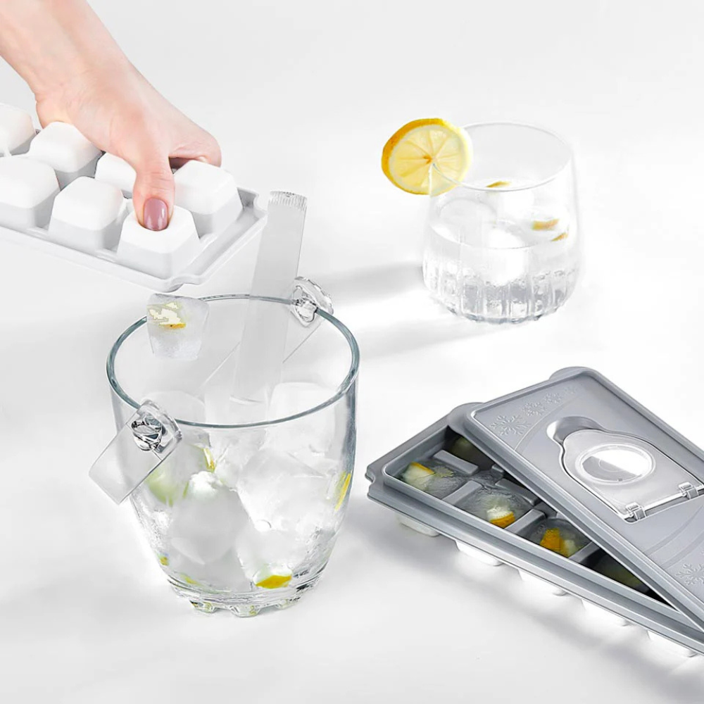 Forma Pentru Cuburi De Gheata Koken, Matrita din Plastic PP, Silicon alimentar, 12 cuburi, Capac cu deschidere suplimentara pentru apa, BPA Free, Gri, 9.5 x 27 x 3.5,