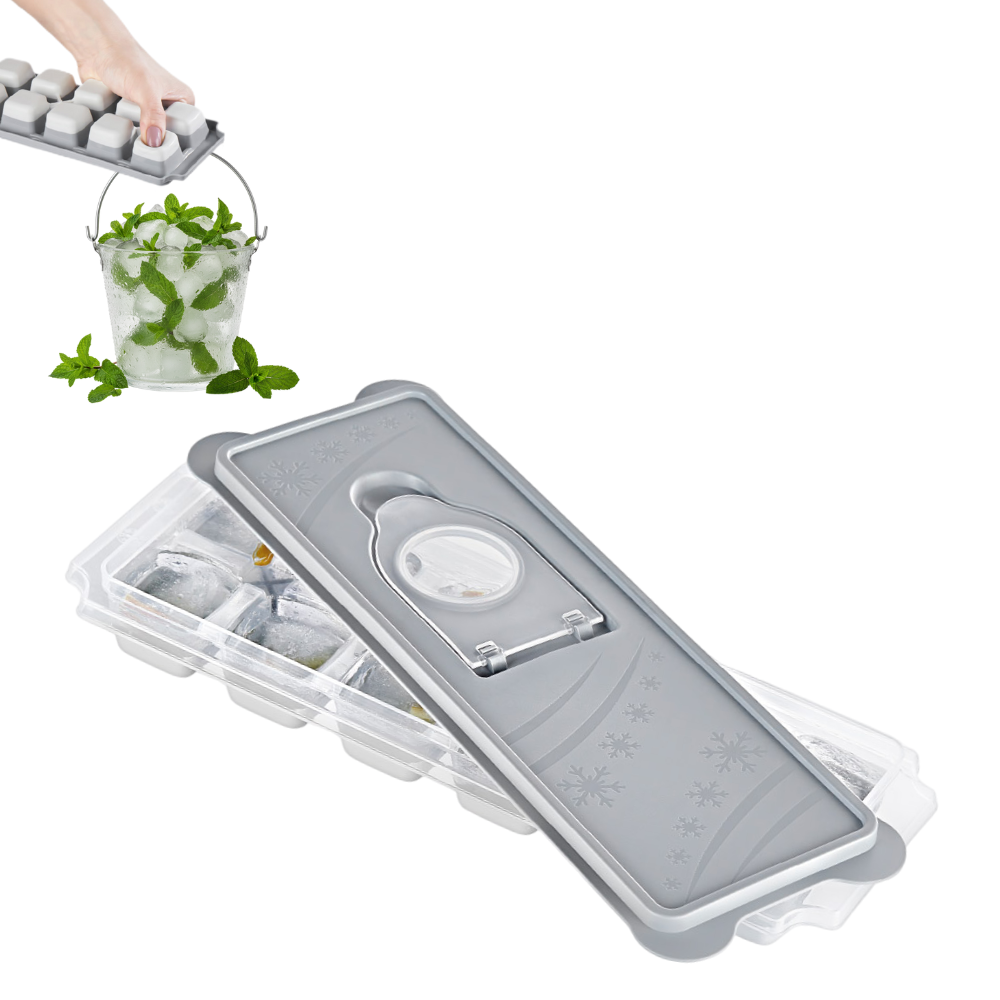 Forma Pentru Cuburi De Gheata Koken, Matrita din Plastic PP, Silicon alimentar, 12 cuburi, Capac cu deschidere suplimentara pentru apa, BPA Free, Gri, 9.5 x 27 x 3.5,