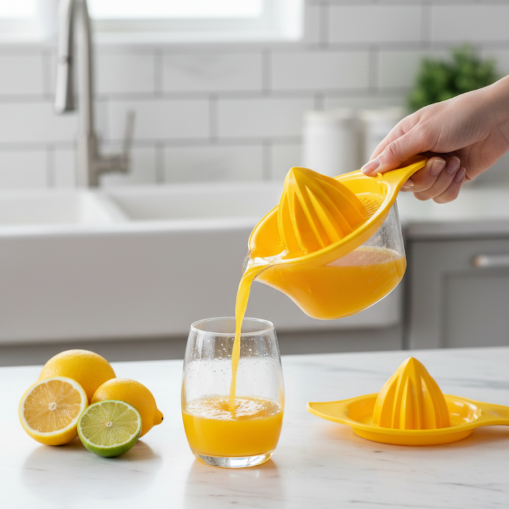Storcator manual de citrice Koken, Plastic PP, BPA Free, Presa robusta de citrice pentru sucuri, Cu Vas Colector si Sita, Galben