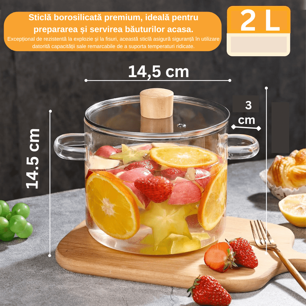 Oala din sticla borosilicata 2L pentru aragaz, cu capac si manere Koken, Rezistenta termica 130 °C, Cratita Durabila, Sticla Transparenta/Lemn