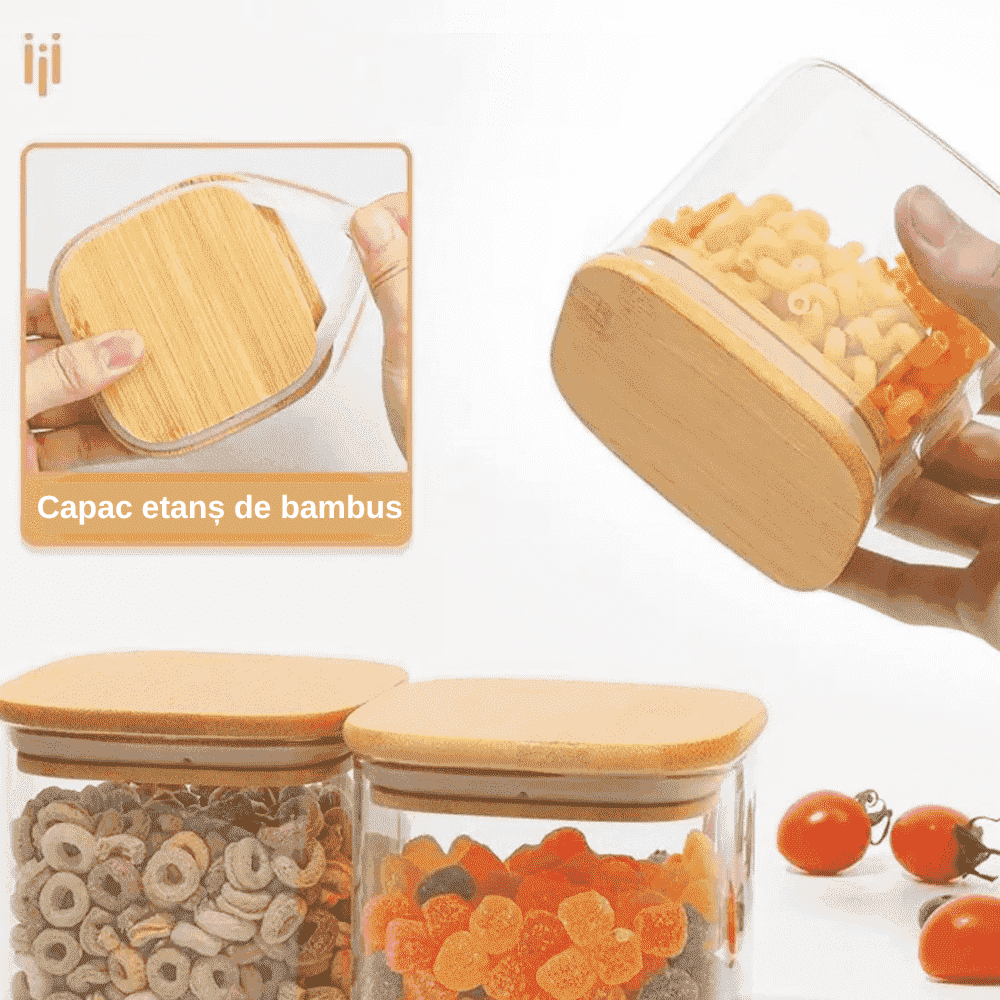 Set of 14 Square Borosilicate Glass Containers with Airtight Bamboo Lids Koken, for Dry Food and Grain Storage