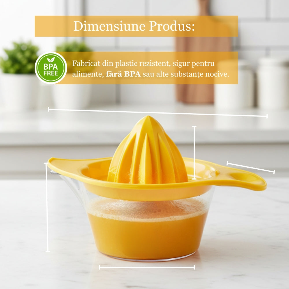 Storcator manual de citrice Koken, Plastic PP, BPA Free, Presa robusta de citrice pentru sucuri, Cu Vas Colector si Sita, Galben