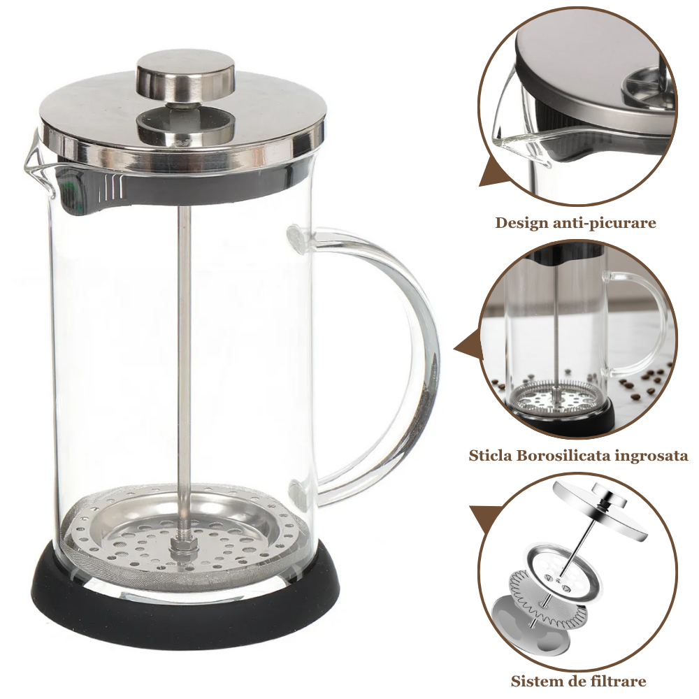 Cafetiera Cu Piston Pentru Cafea Si Ceai Koken, Presa franceza cu infuzor 1000 ML, sticlă borosilicată termorezistentă și oțel inoxidabil 304, -20 ℃ +130 ℃, Infuzor pentru ceai cu 3 Filtre, Fara BPA