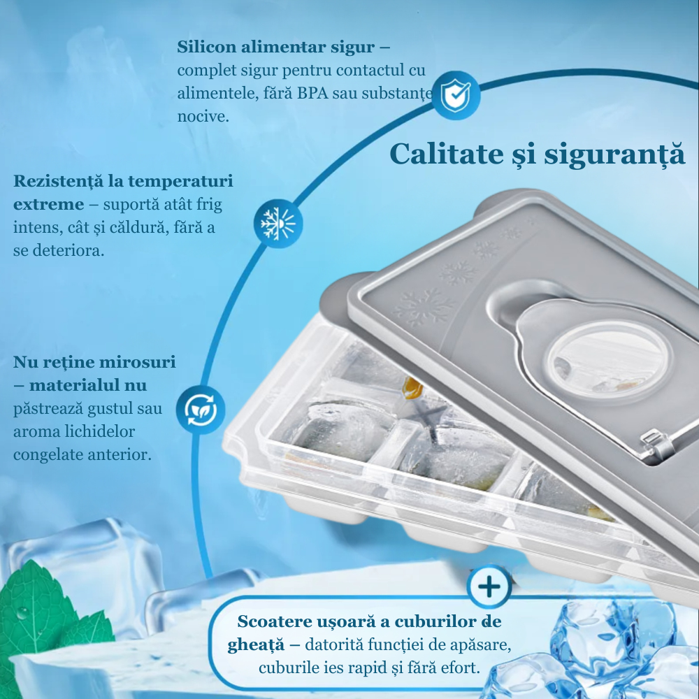 Forma Pentru Cuburi De Gheata Koken, Matrita din Plastic PP, Silicon alimentar, 12 cuburi, Capac cu deschidere suplimentara pentru apa, BPA Free, Gri, 9.5 x 27 x 3.5,