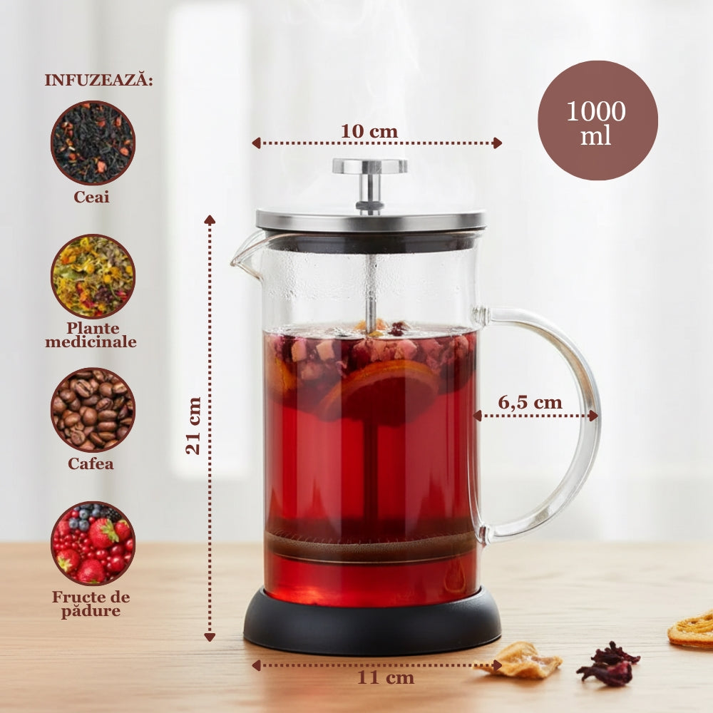 Cafetiera Cu Piston Pentru Cafea Si Ceai Koken, Presa franceza cu infuzor 1000 ML, sticlă borosilicată termorezistentă și oțel inoxidabil 304, -20 ℃ +130 ℃, Infuzor pentru ceai cu 3 Filtre, Fara BPA