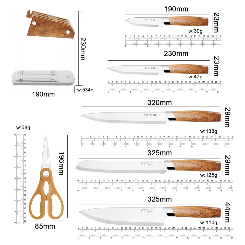 Set de Cuțite pentru Bucătărie Koken, 6 Piese din Oțel Inoxidabil cu Suport Acrilic Transparent, Cuțite Ultra-Ascuțite cu Mânere Ergonomice imitație lemn, Culoarea Lemnului