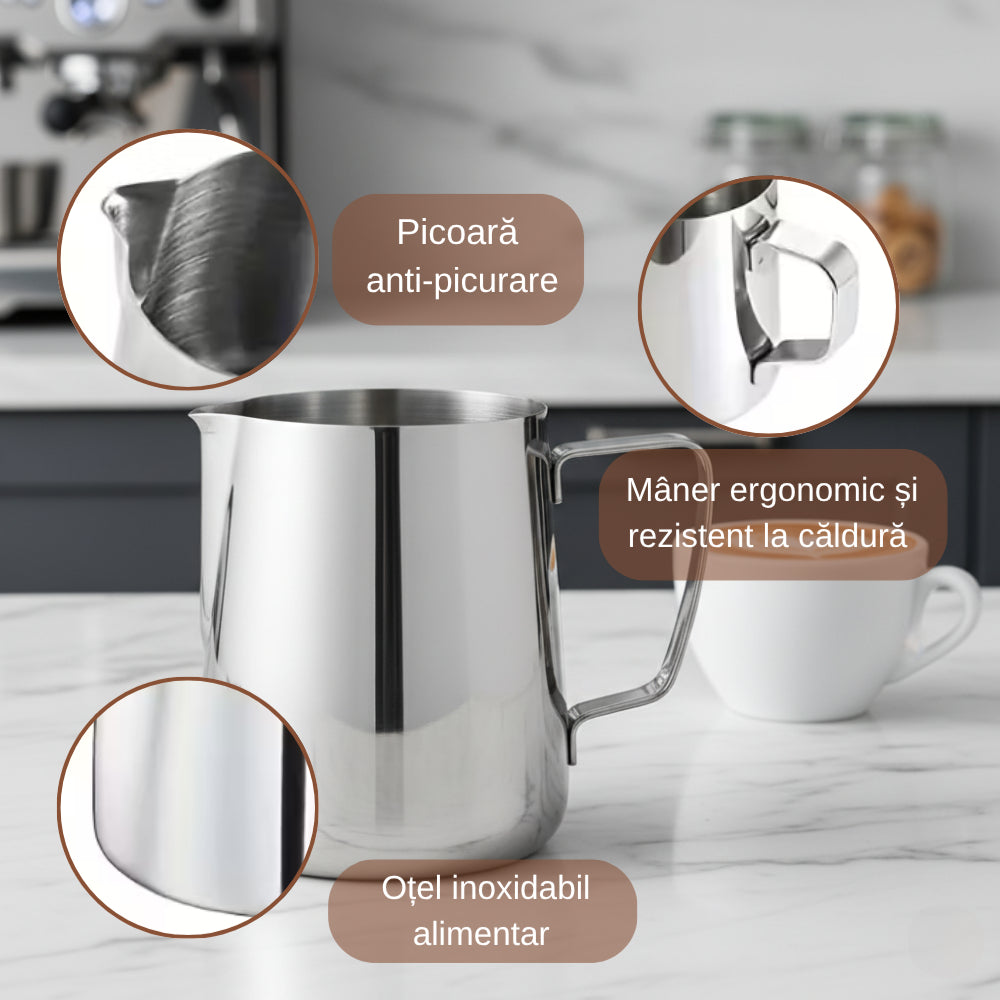 Imagine a cănii de lapte, evidențiind trei caracteristici cheie prin săgeți circulare: "Picoară anti-picurare," "Mâner ergonomic și rezistent la căldură," și "Oțel inoxidabil alimentar."