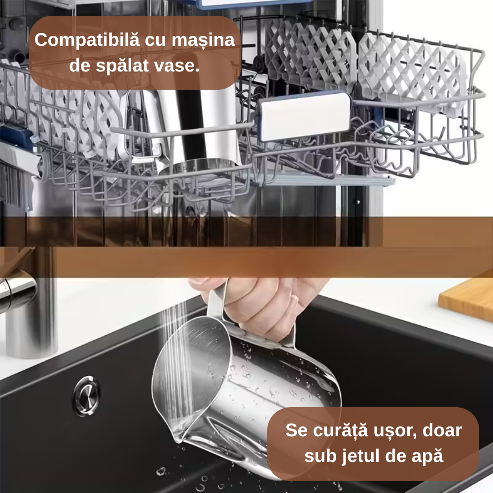 Ilustrație a curățării cănii. Partea de sus arată cana "Compatibilă cu mașina de spălat vase" într-un coș de mașină, iar jos arată clătirea ușoară sub jetul de apă.