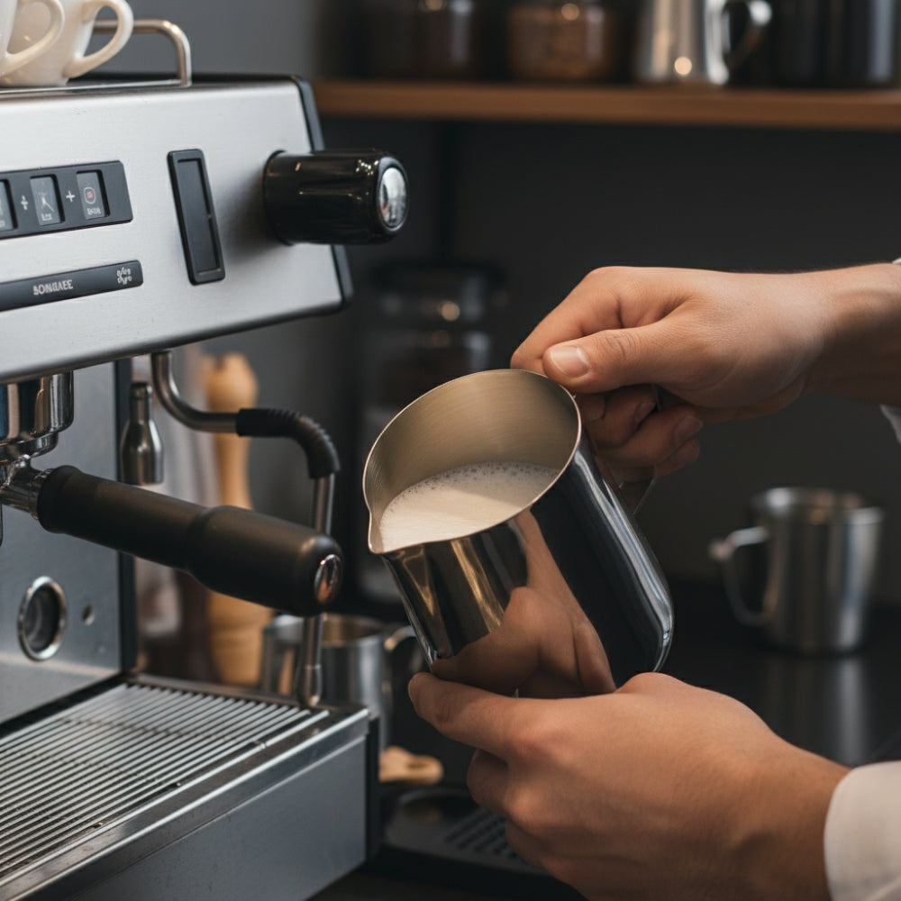 Cana gradata pentru spumarea laptelui, Koken, Pitcher Profesional din Oțel Inoxidabil, latiera pentru spumare cu maner, 31oz/900 ML, Cupa de spumare a laptelui, Barista Cappuccino Latte Art, Pitcher Profesional din Oțel Inoxidabil
