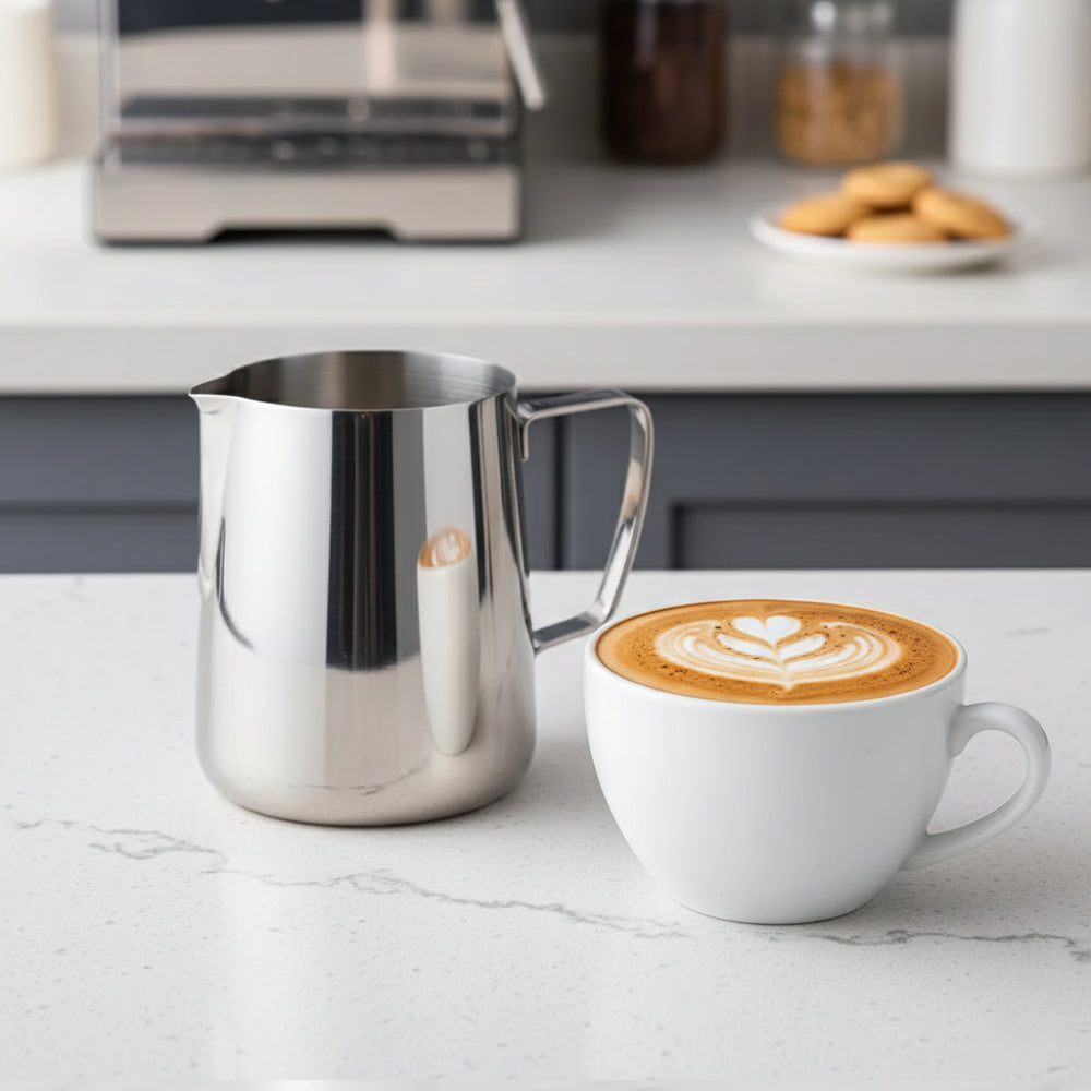 Cana gradata pentru spumarea laptelui, Koken, Pitcher Profesional din Oțel Inoxidabil, latiera pentru spumare cu maner, 31oz/900 ML, Cupa de spumare a laptelui, Barista Cappuccino Latte Art, Pitcher Profesional din Oțel Inoxidabil