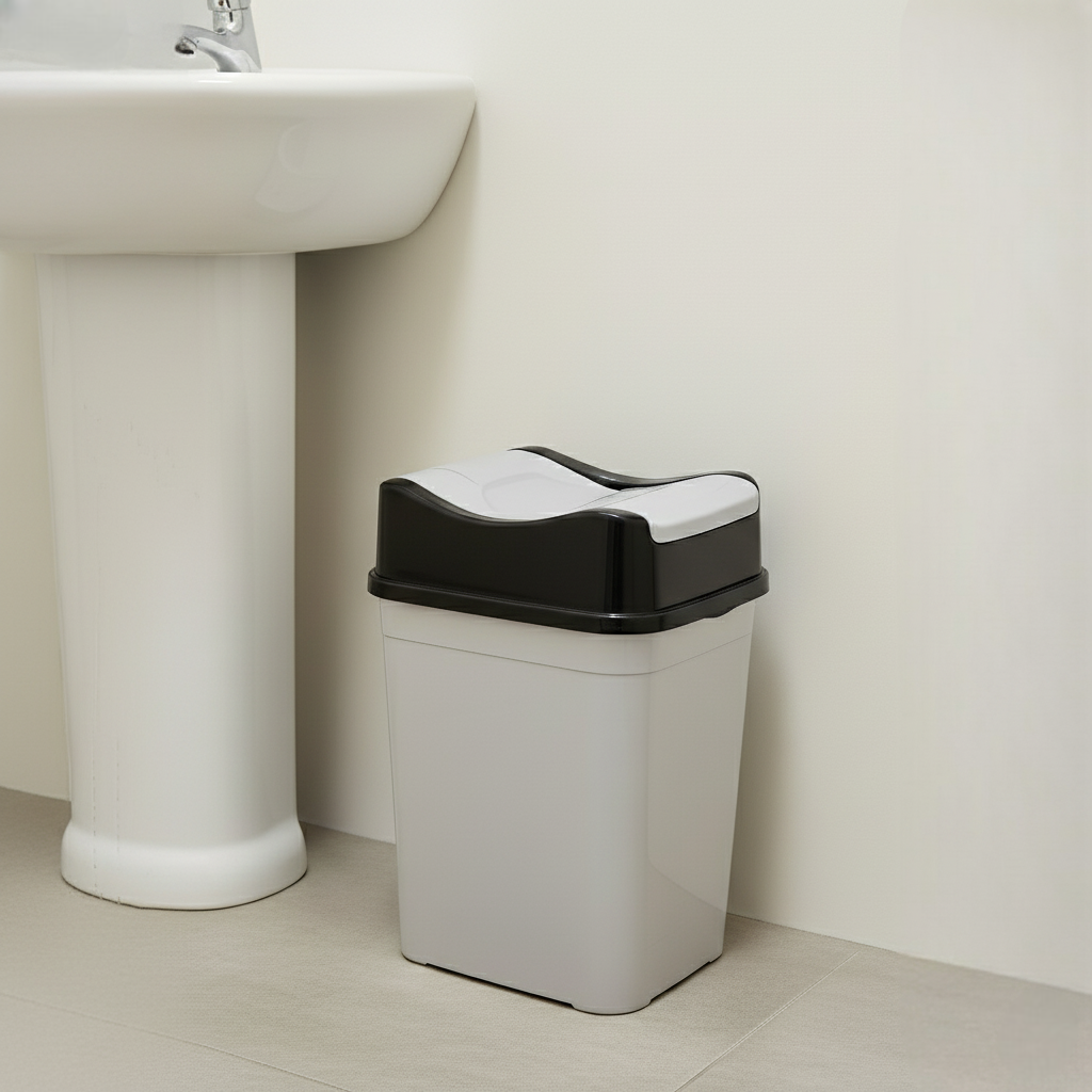 Cos de gunoi 22 L, cu capac rabatabil Koken, cos gunoi bucatarie, baie, birou, compact, 31.5×23×43.5 cm, Plastic, Gri-Negru