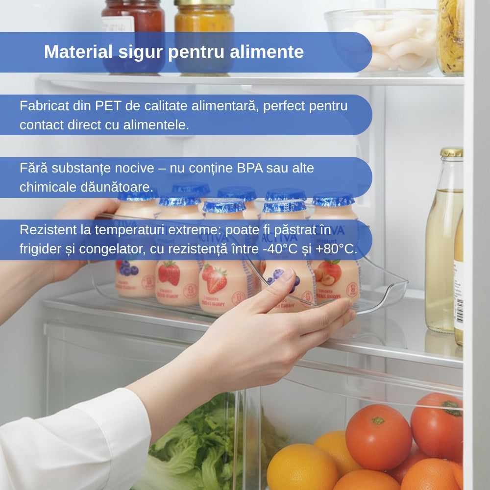 Cutii depozitare doze bauturi in frigider Koken, cutii alimentare 34,5x14,5x9cm, Multifunctionale si usor de curatat, organizare frigider, bucatarie, camara, Plastic, Transparent