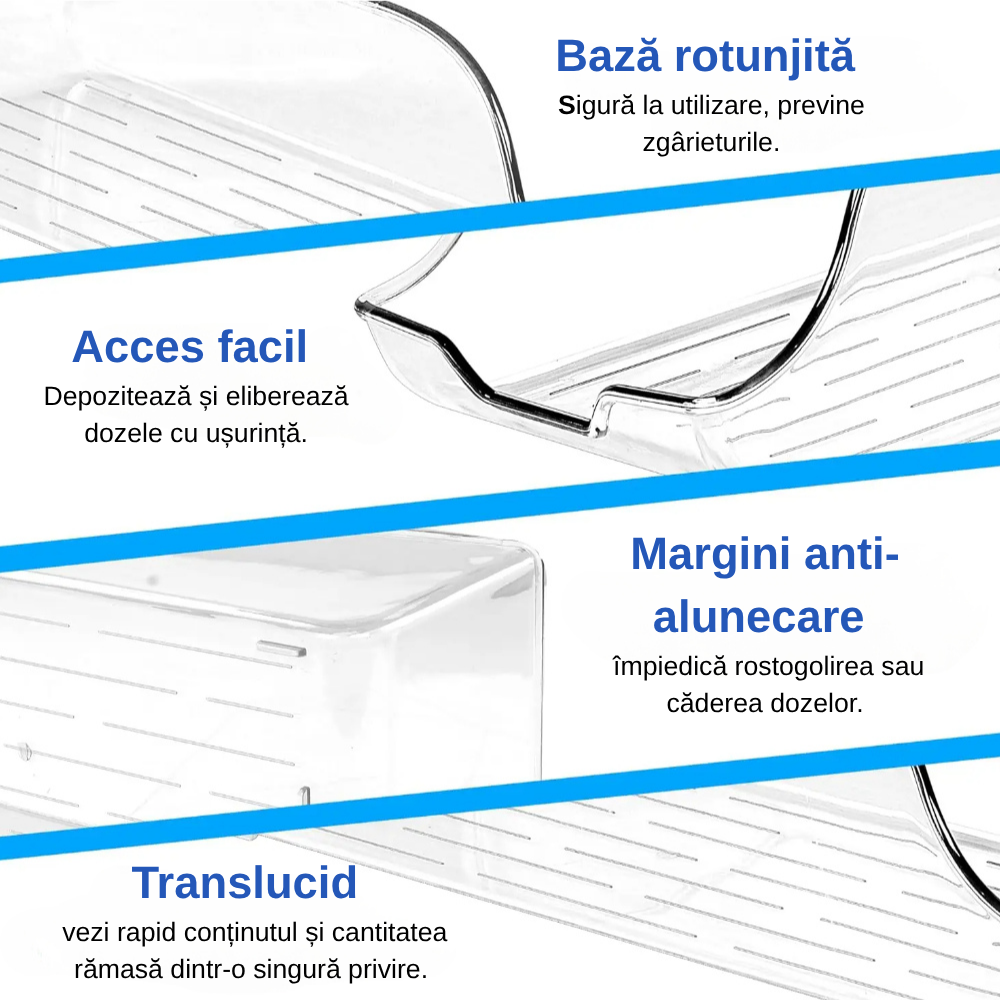 Imagine detaliată cu patru caracteristici ale organizatorului transparent: Bază rotunjită, Acces facil, Margini anti-alunecare și Transluciditate.