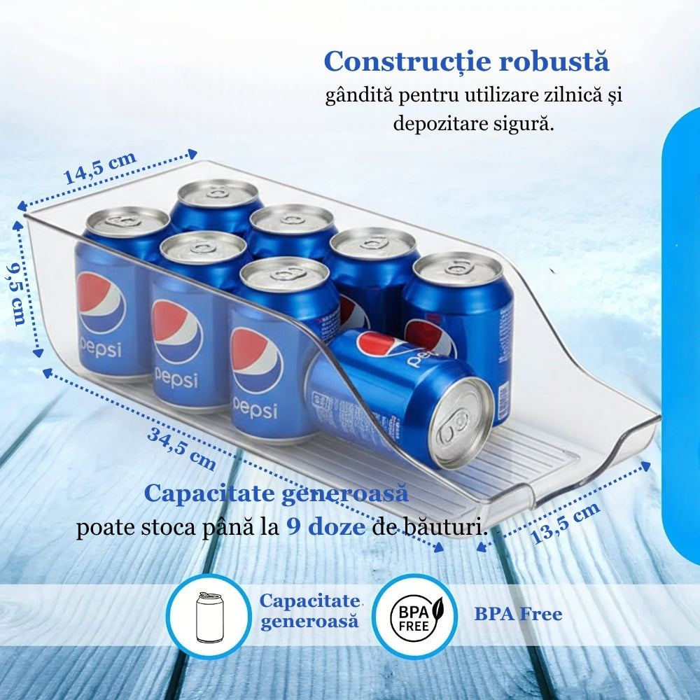 Organizator transparent pentru doze, plin cu 8 doze Pepsi, arătând dimensiunile cutiei: 34,5 cm lungime, 13,5 cm lățime, 9,5 cm înălțime. Se menționează capacitatea mare și siguranța BPA Free.